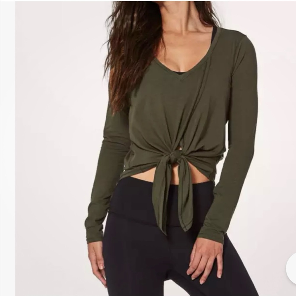 Lululemon Green Knot A Problem Long Sleeve Tie Front Top Dark Olive Sz 10 EUC.